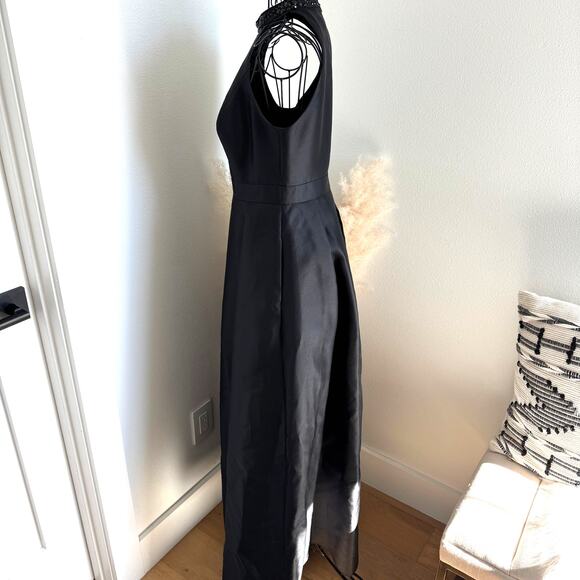 Adrianna Papell Black Satin Beaded Mesh V-Neck Evening Gown Size 4P - Picture 3 of 11